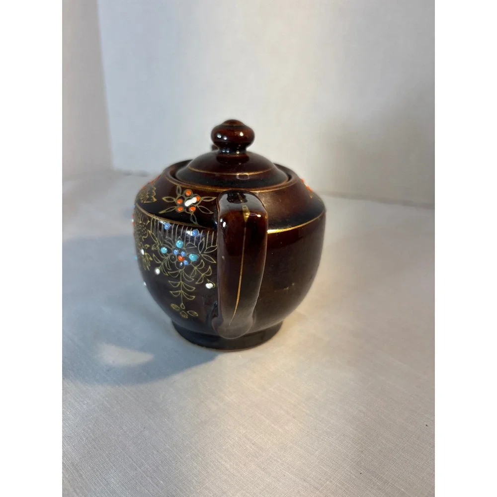 Vintage Brown Ceramic Teapot with Floral Design Mini Small Charming Accent Piece
